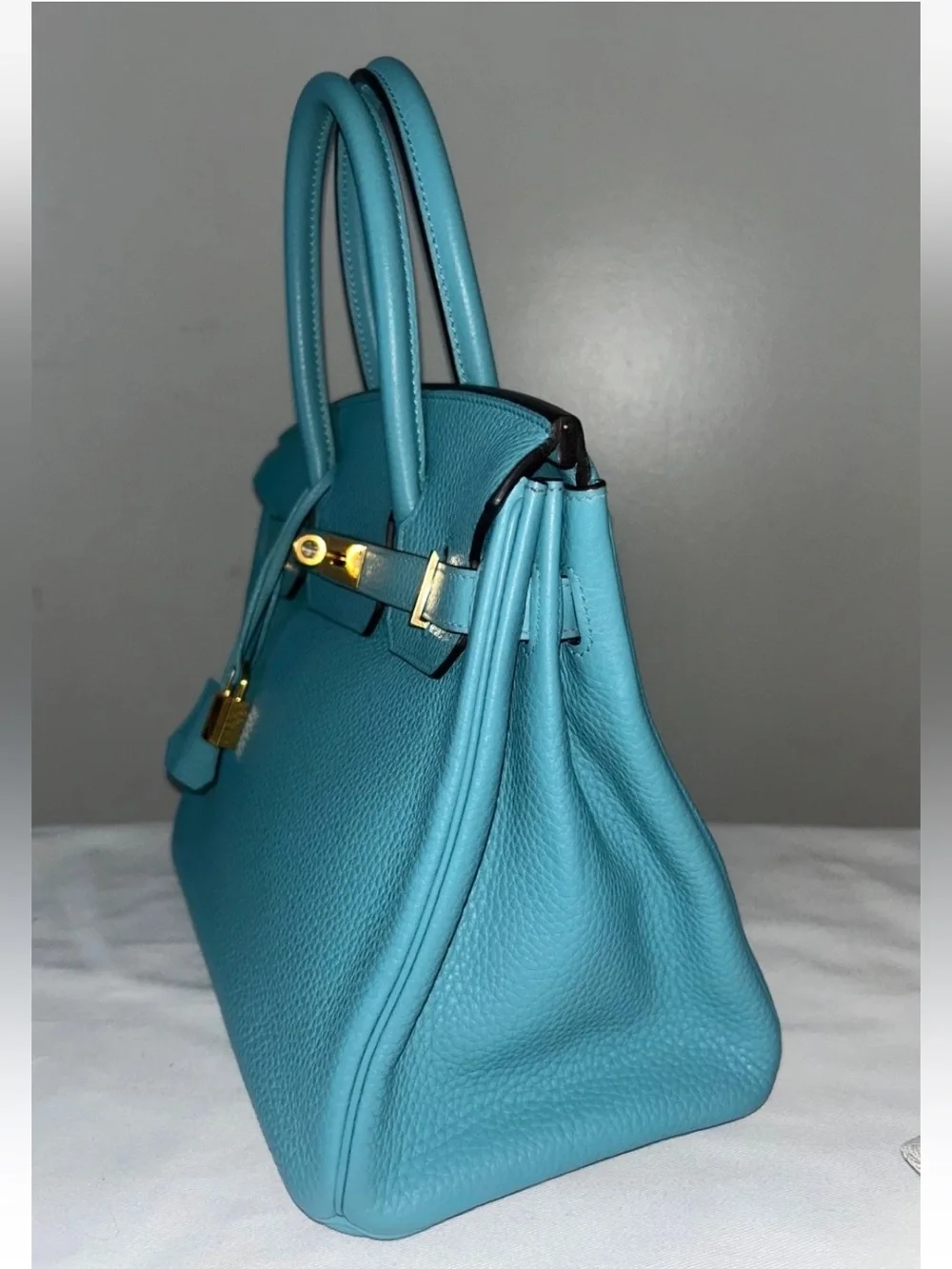 HERMES Birkin 30 Bleu Atoll Clemence Leather Gold Hardware Handbag